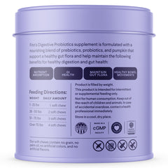 Purple cylindrical tin container showing Finn's Digestive Probiotics supplement label with feeding directions and product benefits