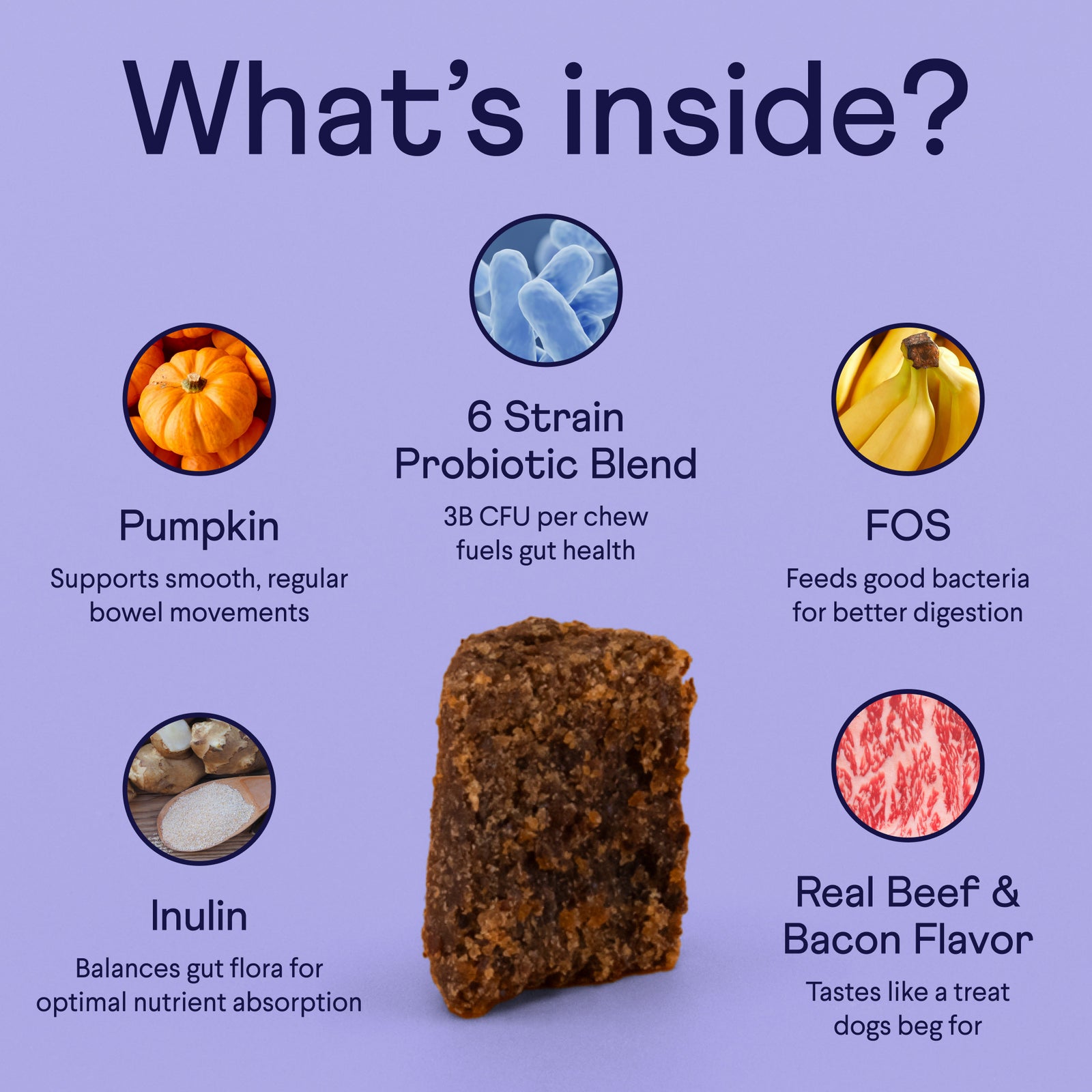 Purple infographic showing dog treat ingredients: pumpkin, probiotics, FOS, inulin, and beef & bacon flavor around a brown square treat