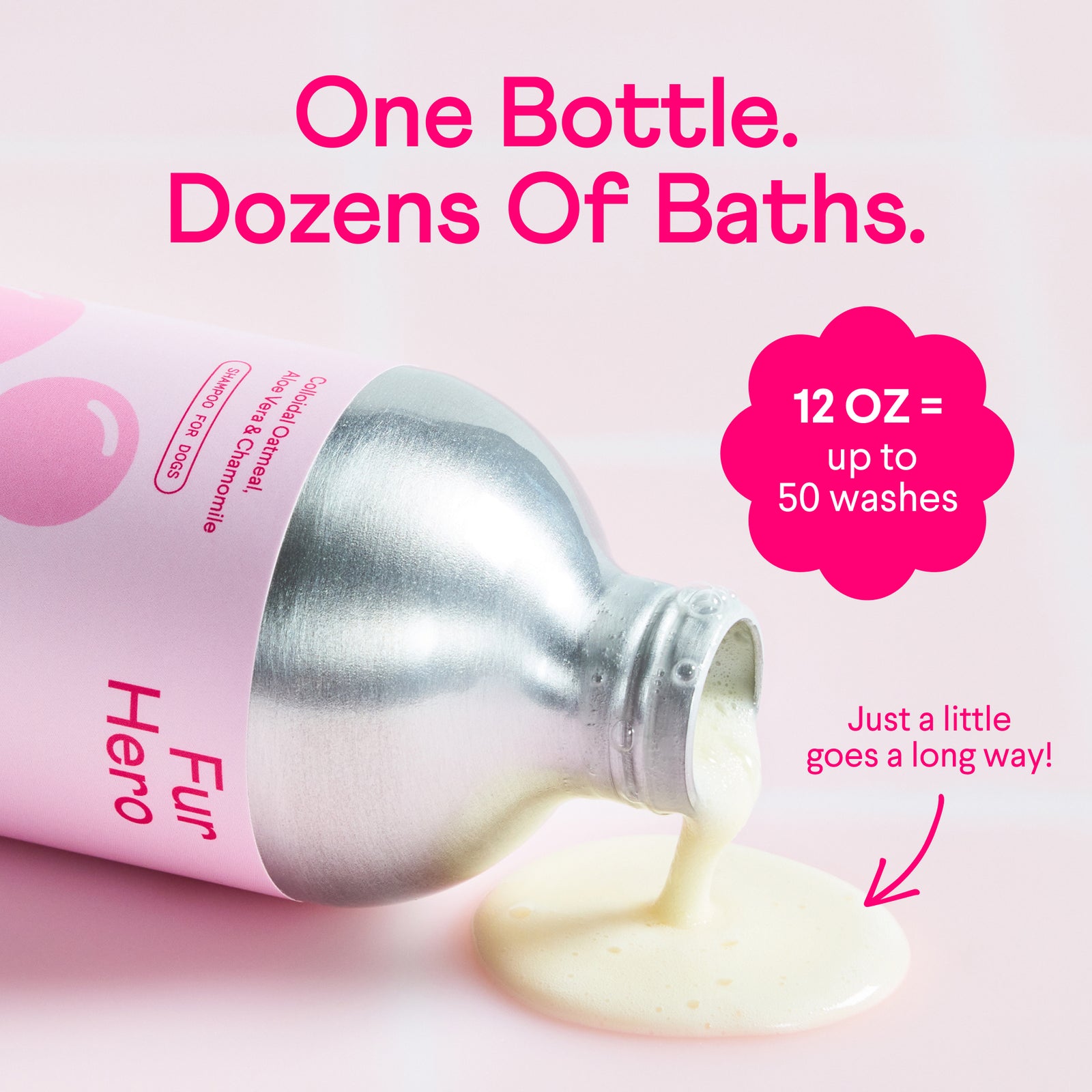Pink hair care bottle dispensing cream with text "One Bottle. Dozens Of Baths" and "12 OZ = up to 50 washes"