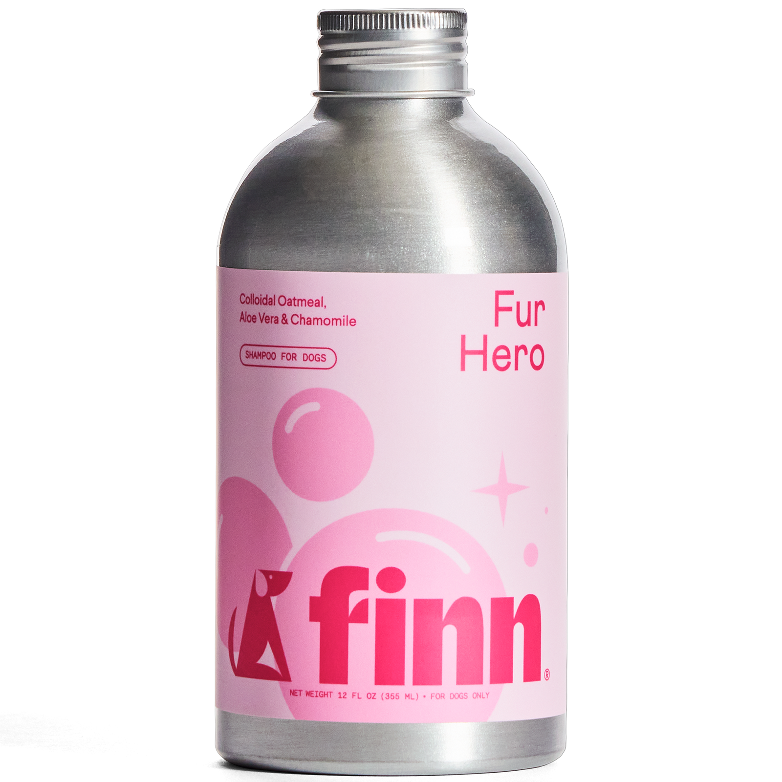 Silver aluminum bottle of Finn Fur Hero dog shampoo with pink label featuring colloidal oatmeal, aloe vera and chamomile