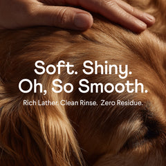 Hand gently stroking shiny golden-brown dog fur with text overlay "Soft. Shiny. Oh, So Smooth. Rich Lather. Clean Rinse. Zero Residue."