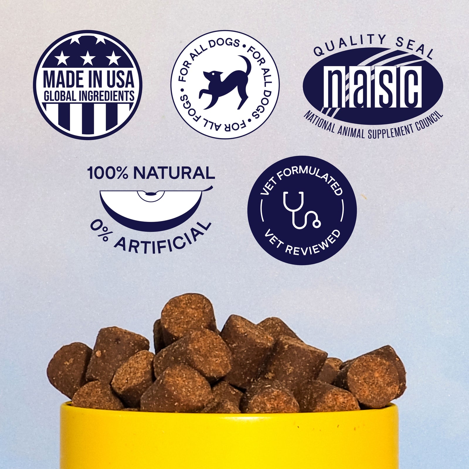 Bowl of brown dog food kibble with quality certification badges including Made in USA, NASC seal, 100% Natural, and Vet Formulated logos above