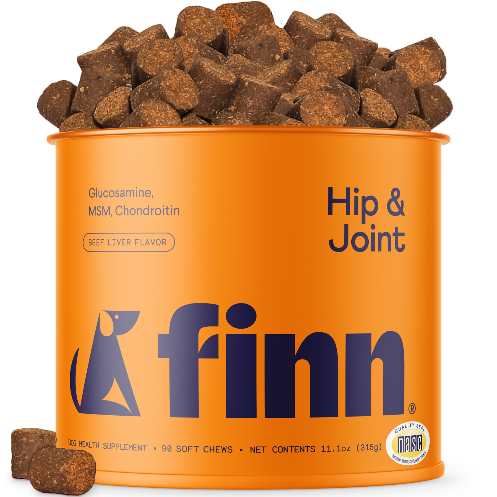 Orange canister of Finn Hip & Joint health supplements with dog treats on a white background