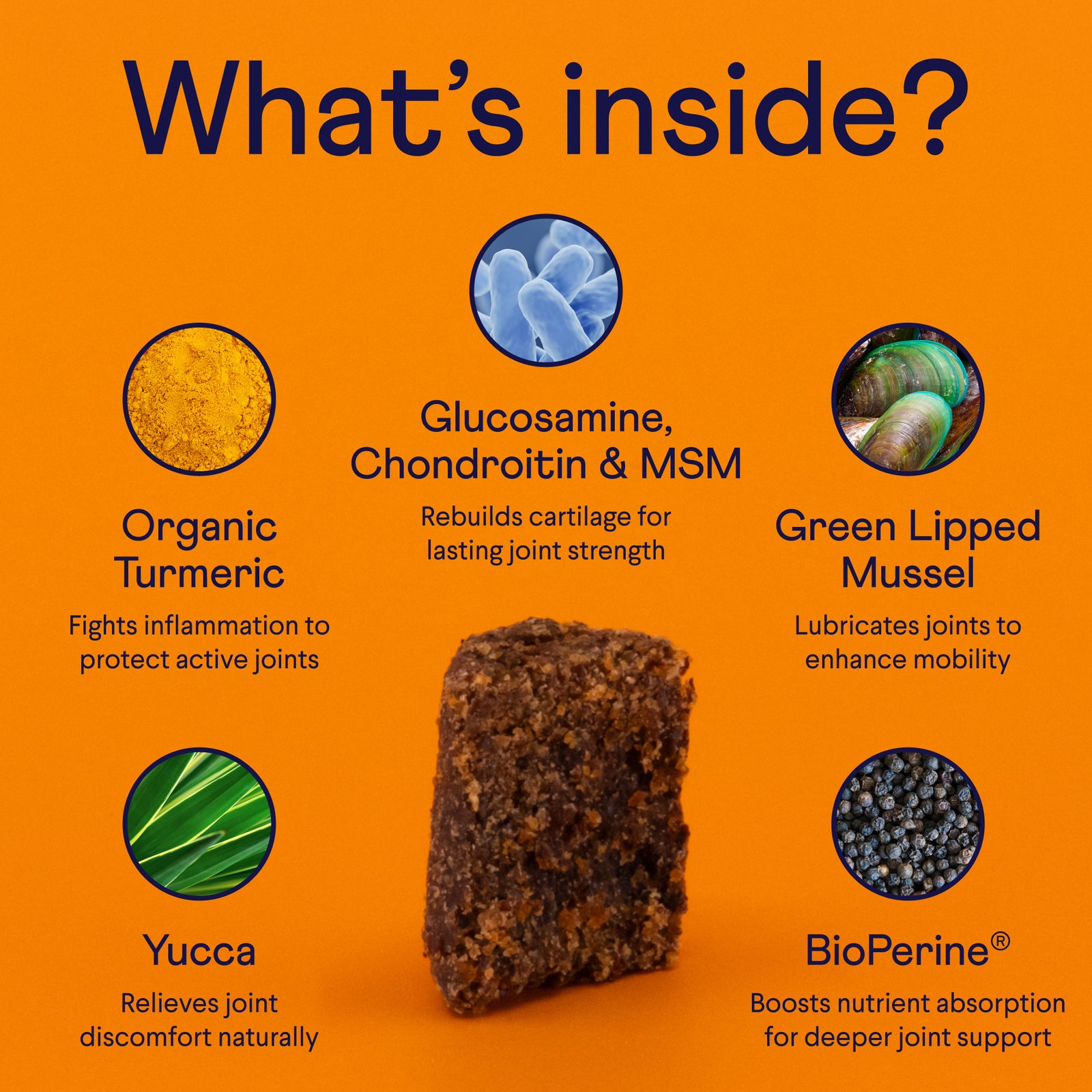 Orange infographic showing ingredients in a joint supplement treat, with circular icons around a brown square treat highlighting turmeric, glucosamine, mussel, yucca, and BioPerine.