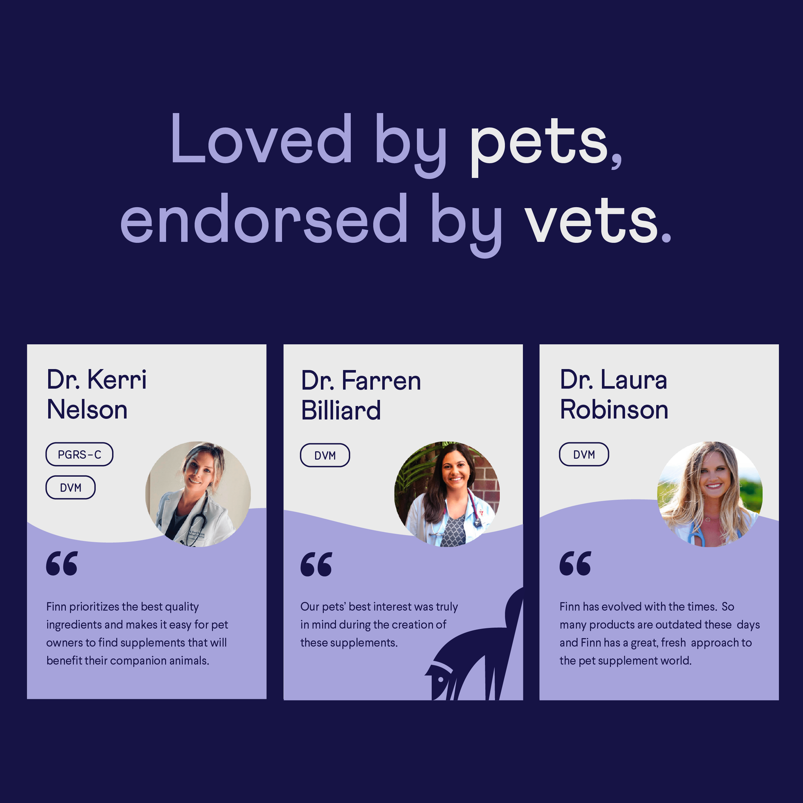 Three veterinarian endorsement cards on dark blue background featuring Dr. Kerri Nelson, Dr. Farren Billiard, and Dr. Laura Robinson with their photos and testimonial quotes about Finn pet supplements.
