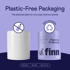 Two cylindrical containers on purple background - white unlabeled container with no-plastic symbol, purple Finn Digestive Probiotics container with recycling symbol