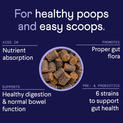 Dark blue promotional graphic showing brown probiotic dog treats in circular bowl with white text highlighting digestive health benefits