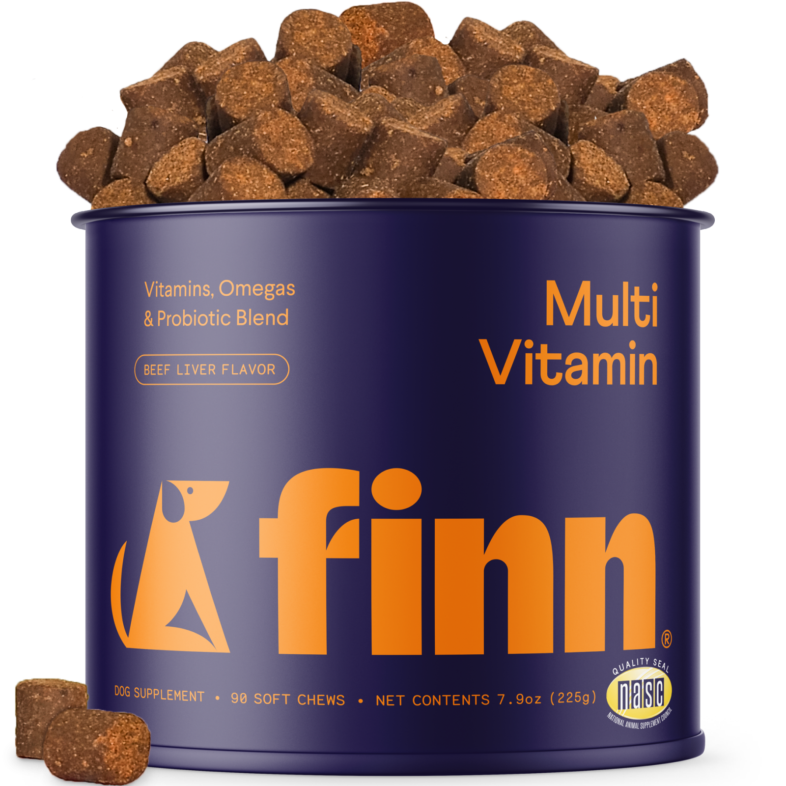 Finn Multi Vitamin dog supplement can with brown soft chews on a white background