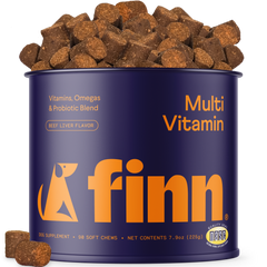 Finn Multi Vitamin dog supplement can with brown soft chews on a white background