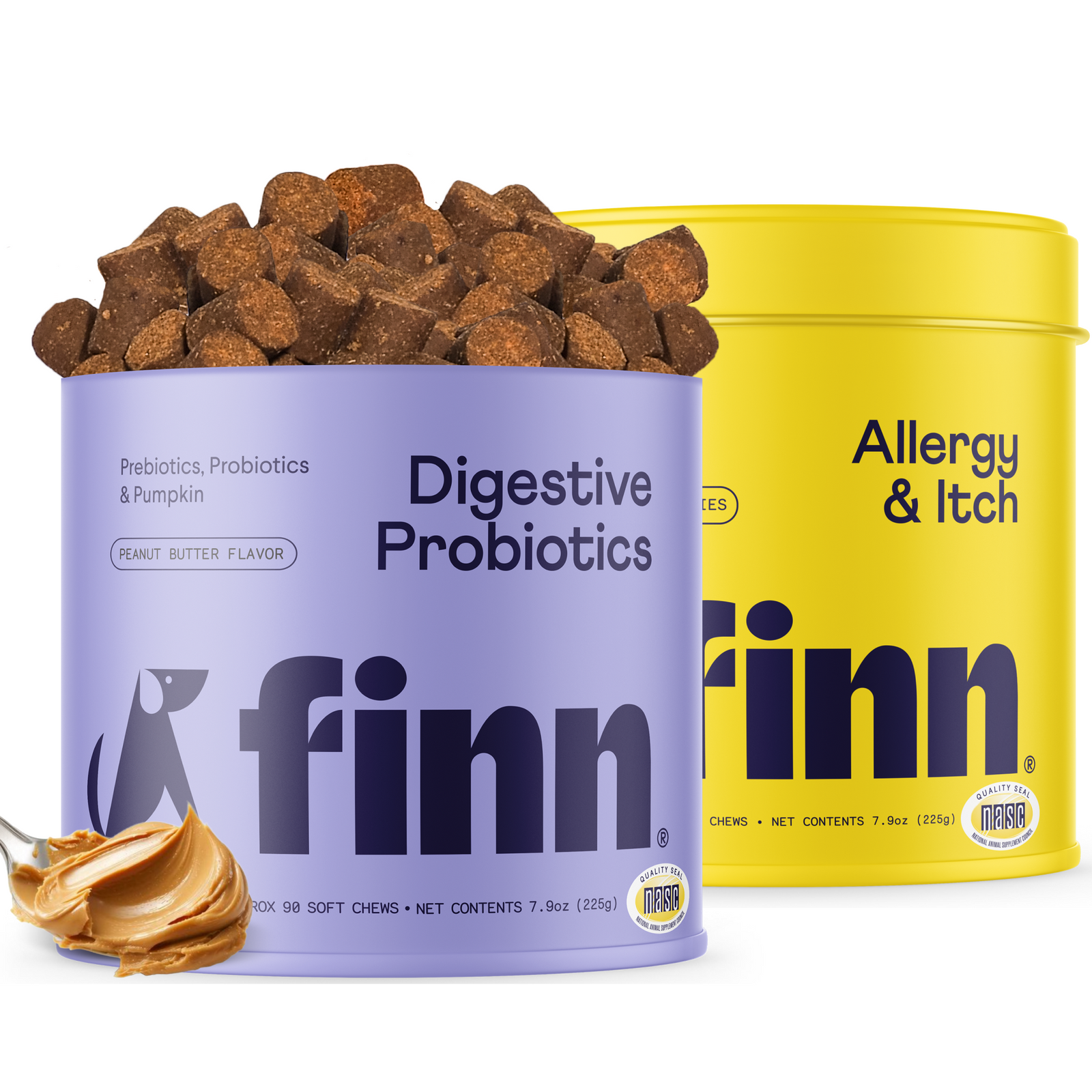 Two Finn dog supplement containers - purple Digestive Probiotics with peanut butter flavor chews spilling out, and yellow Allergy & Itch formula