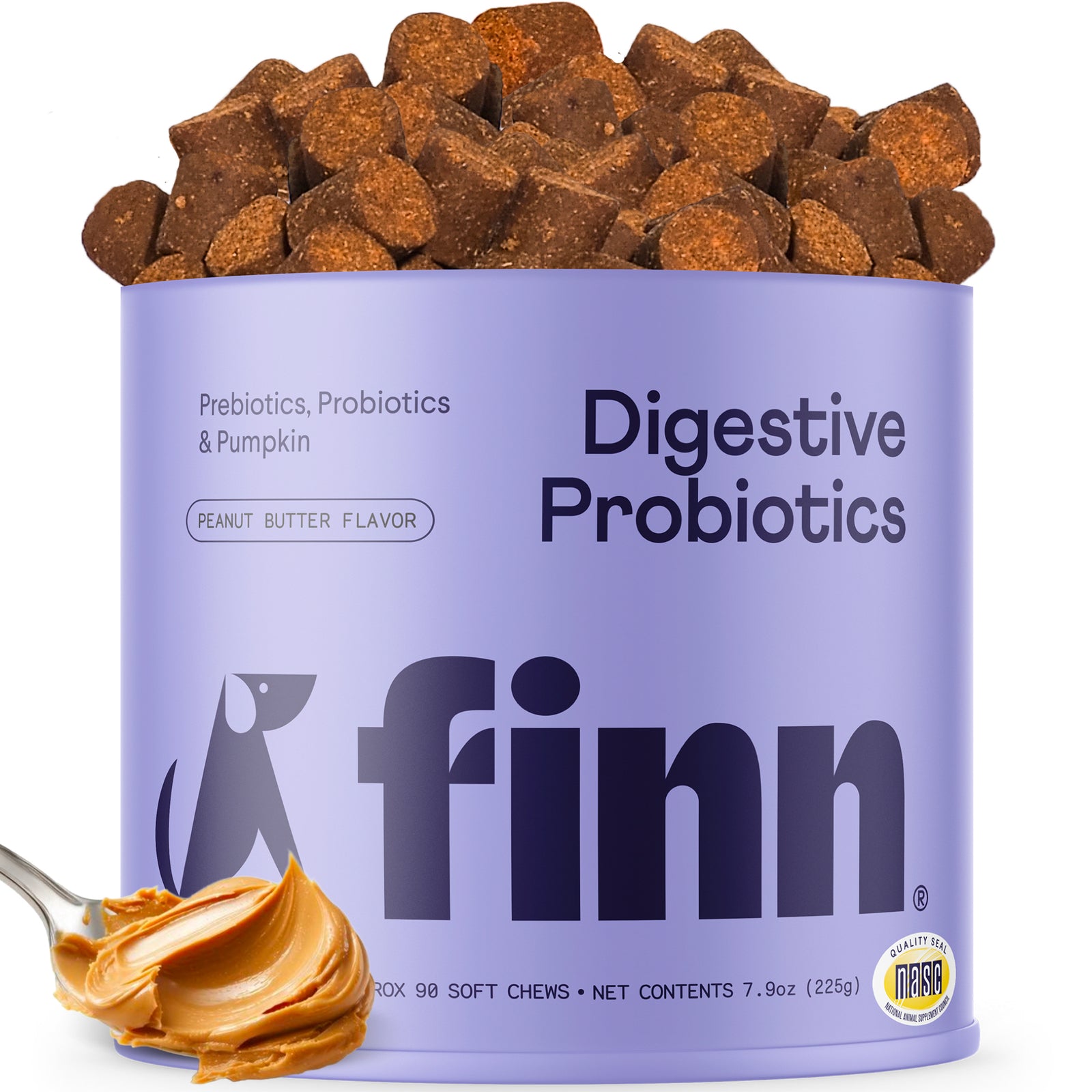 Purple container of Finn digestive probiotics dog treats with brown kibble overflowing from top and peanut butter swirl