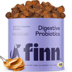 Purple container of Finn digestive probiotics dog treats with brown kibble overflowing from top and peanut butter swirl
