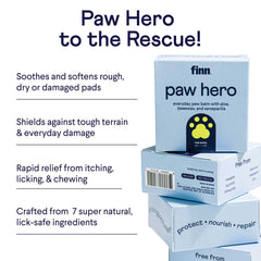 Stack of light blue Finn Paw Hero product boxes with paw print logo, alongside text listing benefits for dog paw care