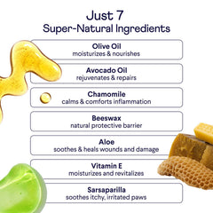 Infographic showing 7 natural dog paw balm ingredients with colorful icons: olive oil, avocado oil, chamomile, beeswax, aloe, vitamin E, and sarsaparilla with their benefits listed