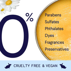 Product label showing "0%" in large navy text with list of excluded ingredients (parabens, sulfates, phthalates, dyes, fragrances, preservatives) on yellow background, cruelty-free and vegan symbols below