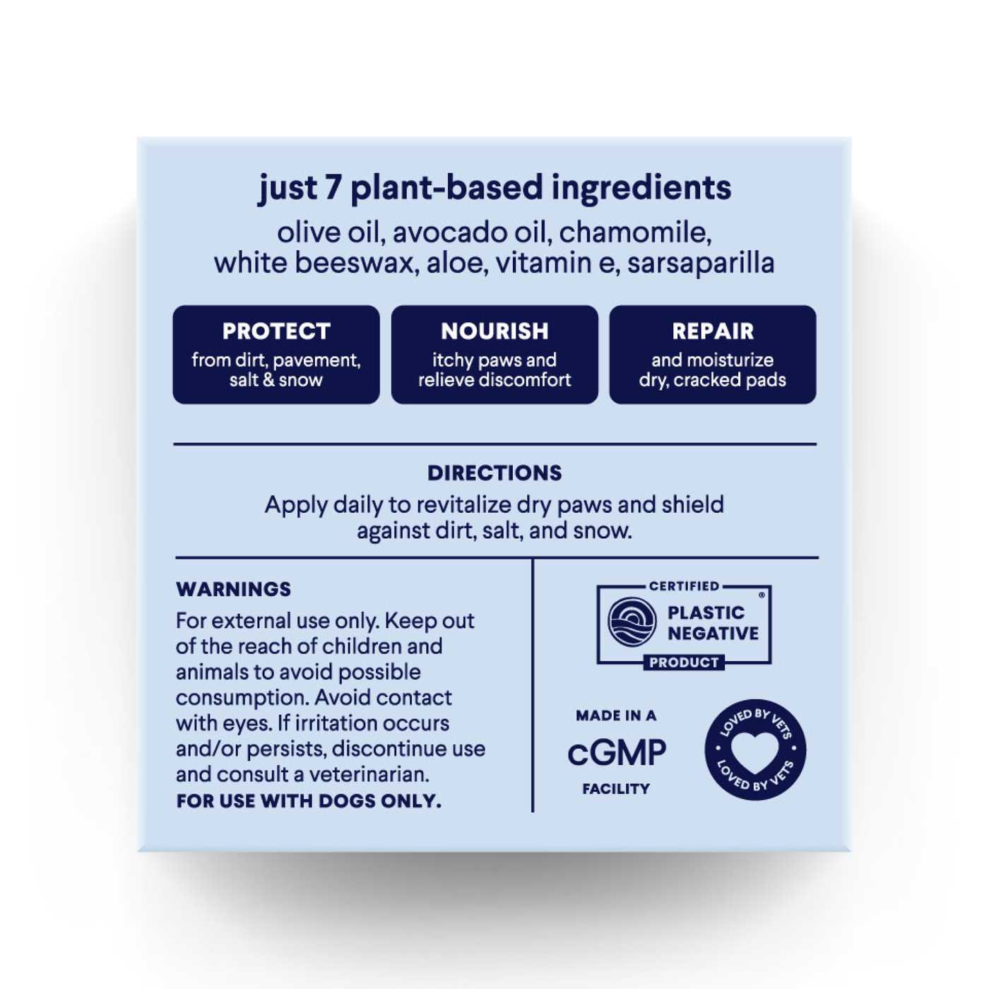 Light blue product label showing 7 plant-based ingredients for dog paw balm with protect, nourish, repair benefits and usage directions