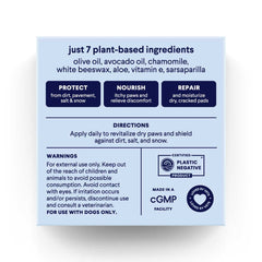 Light blue product label showing 7 plant-based ingredients for dog paw balm with protect, nourish, repair benefits and usage directions