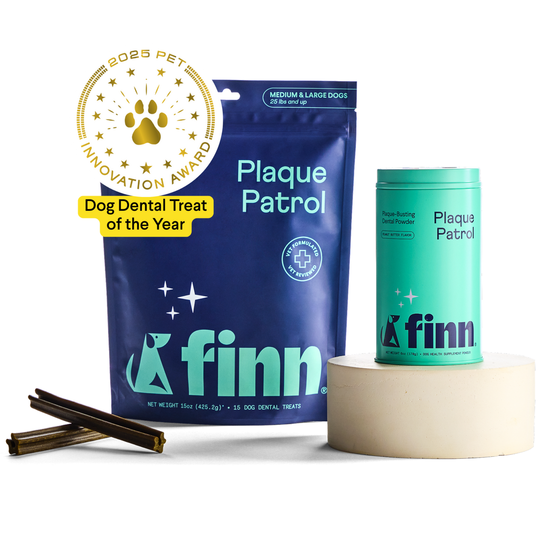 Finn Plaque Patrol dental treats for medium/large dogs with 2025 Pet Innovation Award badge - blue pouch and teal container displayed