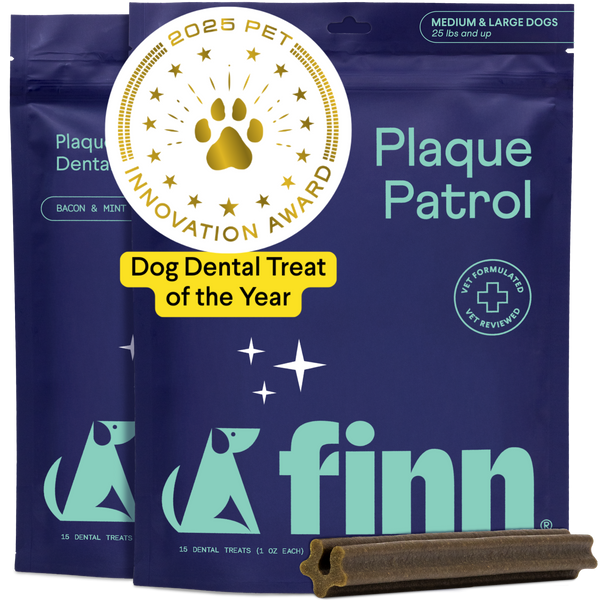 Blue packaging for Finn Plaque Patrol dog dental treats showing 2025 Pet Innovation Award, mint flavor, medium/large dogs, with brown dental chew visible