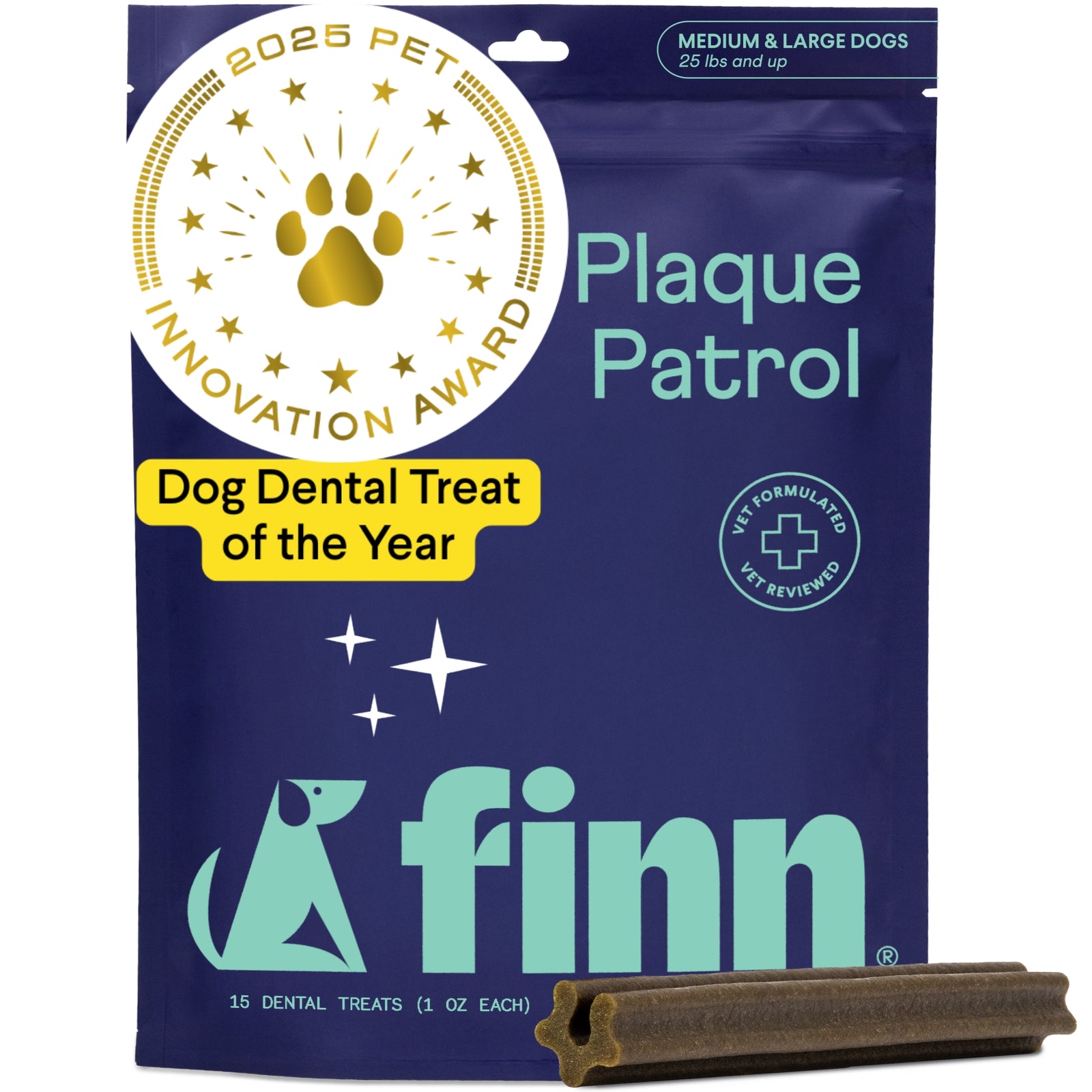 Blue package of Finn Plaque Patrol dog dental treats with 2025 Pet Innovation Award seal and brown dental chew stick shown