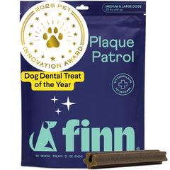 Blue package of Finn Plaque Patrol dog dental treats with 2025 Pet Innovation Award seal and brown dental chew stick shown
