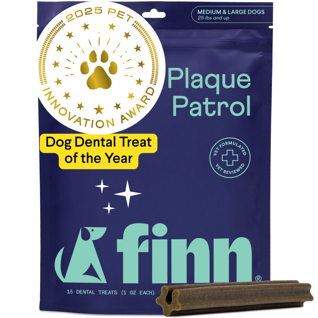 Blue package of Finn Plaque Patrol dog dental treats with gold 2025 Pet Innovation Award seal and brown dental chew stick shown