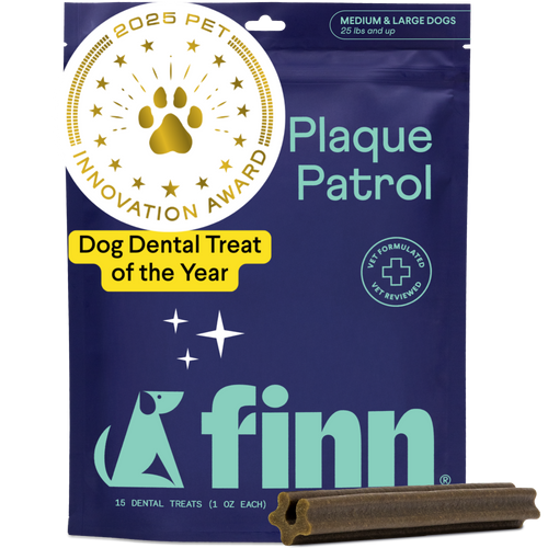 Blue package of Finn Plaque Patrol dog dental treats with gold 2025 Pet Innovation Award seal and brown dental chew stick shown