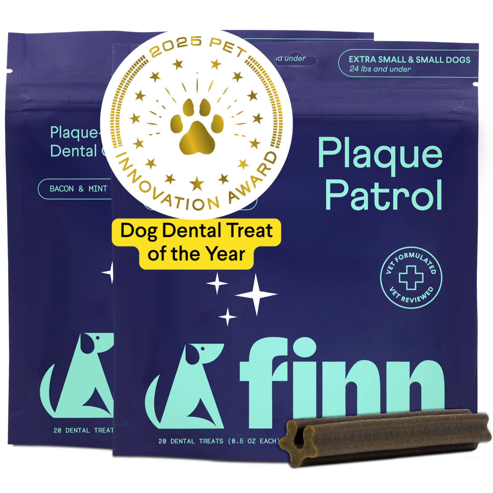 Purple packaging for Finn Plaque Patrol dog dental treats with gold award seal, featuring two packages and a brown dental chew stick for small dogs