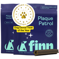 Purple packaging for Finn Plaque Patrol dog dental treats with gold award seal, featuring two packages and a brown dental chew stick for small dogs