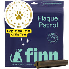 Package of Finn Plaque Patrol dog dental treats with award badge, purple packaging, and brown dental chew stick shown
