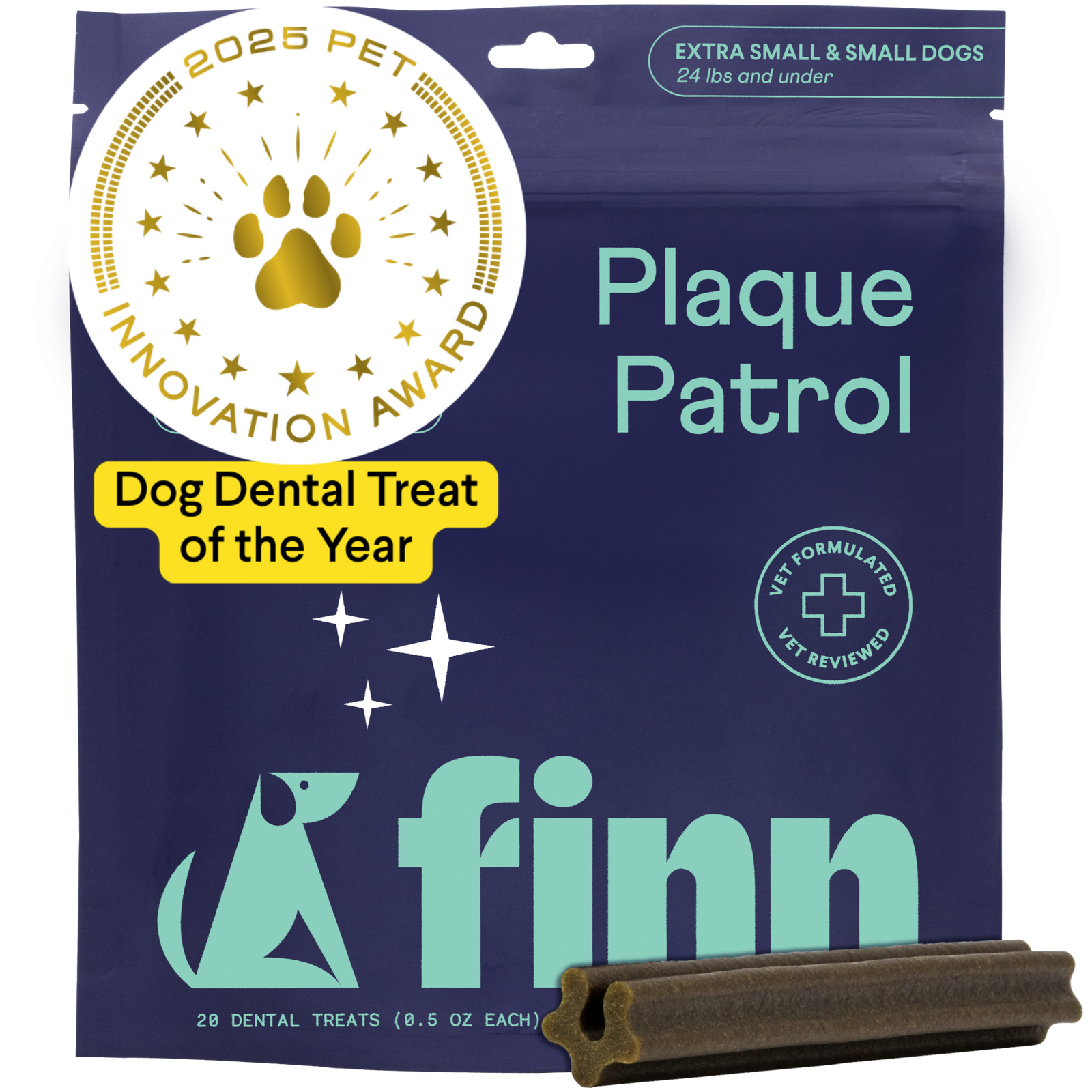 Package of Finn Plaque Patrol dog dental treats in purple with mint green text, featuring 2025 Pet Innovation Award seal and brown dental chew stick.