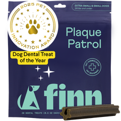 Package of Finn Plaque Patrol dog dental treats in purple with mint green text, featuring 2025 Pet Innovation Award seal and brown dental chew stick.