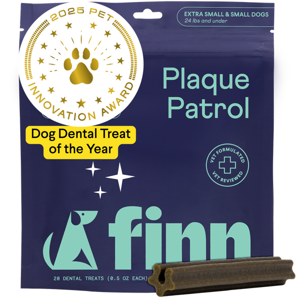 Package of Finn Plaque Patrol dog dental treats in purple with mint green text, featuring 2025 Pet Innovation Award seal and brown dental chew stick.