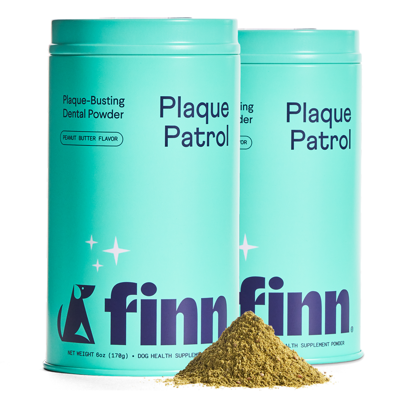 Two turquoise containers of Finn Plaque Patrol dental powder for dogs with a pile of brown powder in front