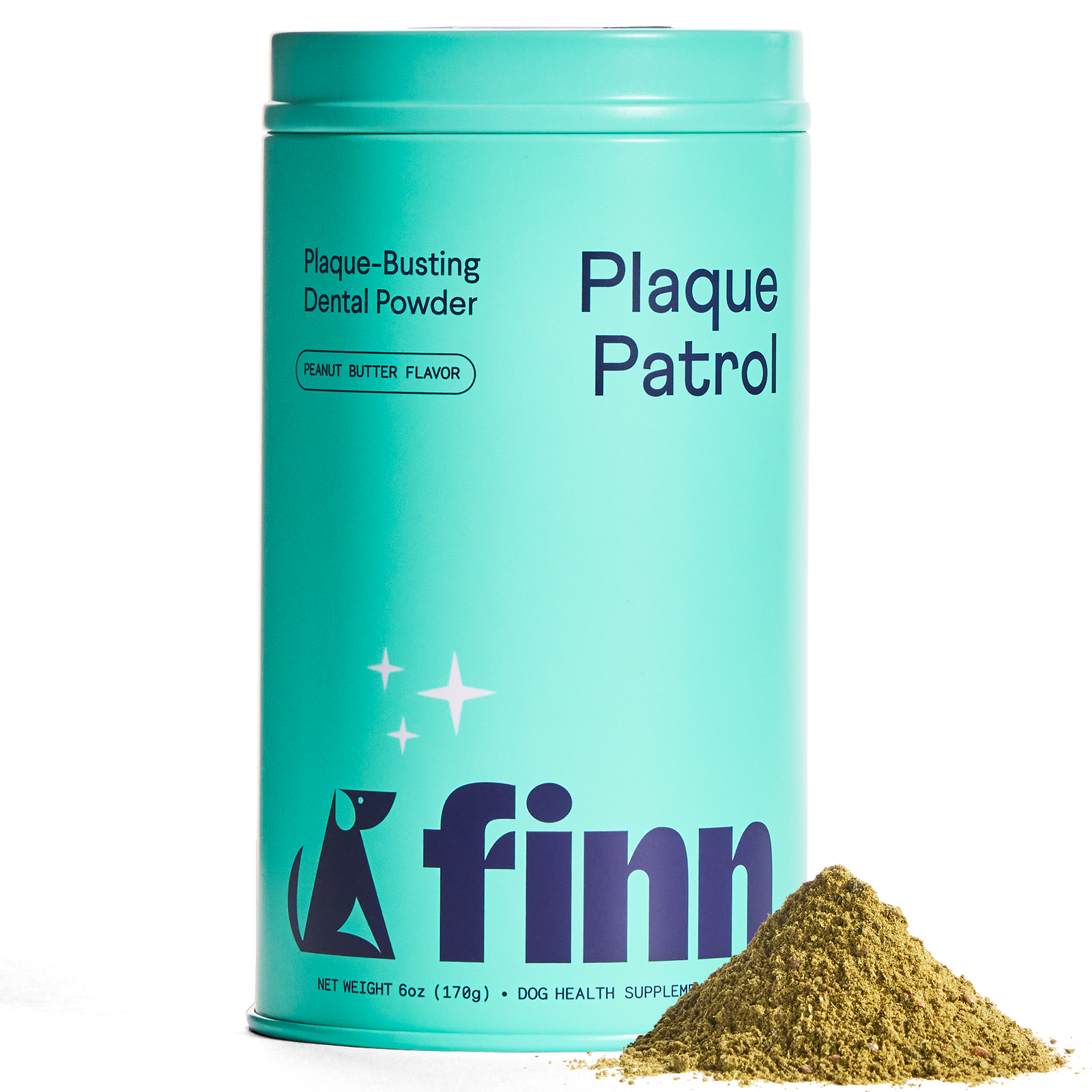 Turquoise cylindrical tin labeled "Plaque Patrol" dental powder for dogs with peanut butter flavor, pile of brown powder beside it