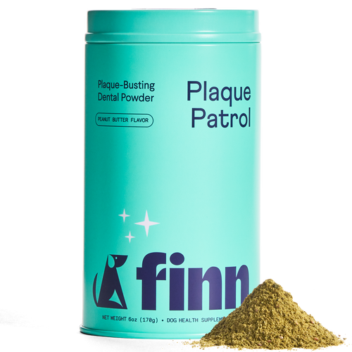 Turquoise cylindrical tin labeled "Plaque Patrol" dental powder for dogs with peanut butter flavor, pile of brown powder beside it