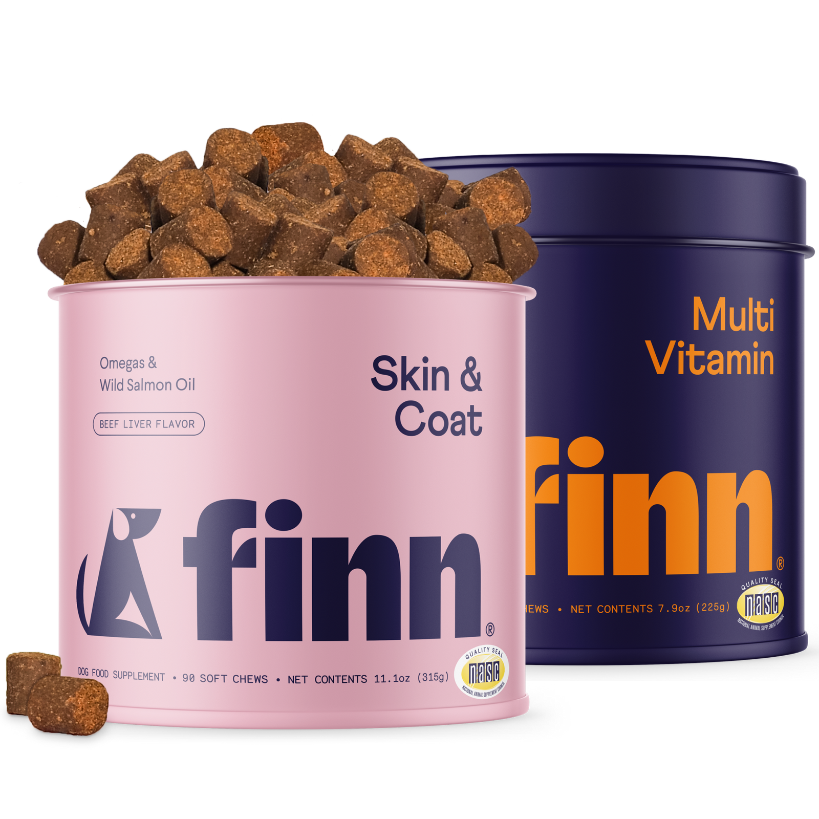 Two Finn dog supplement containers - pink "Skin & Coat" with beef liver chews spilling out and blue "Multi Vitamin" canister