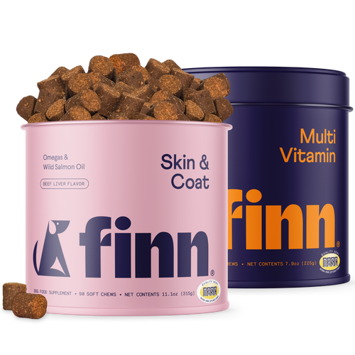 Two Finn dog supplement containers - pink "Skin & Coat" with beef liver chews spilling out and blue "Multi Vitamin" canister