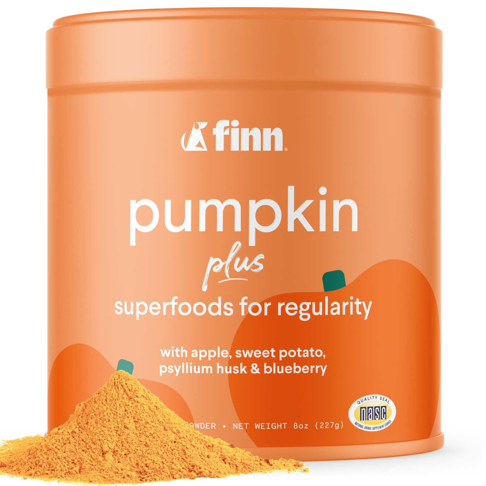 Orange container of Finn pumpkin plus superfoods for regularity on a white background