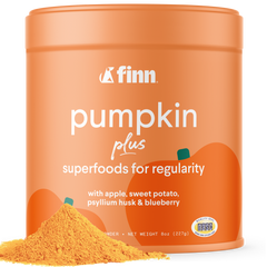 Orange container of Finn pumpkin plus superfoods for regularity on a white background