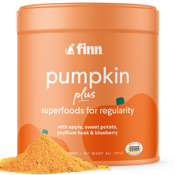 Orange container of Finn pumpkin plus superfoods for regularity on a white background