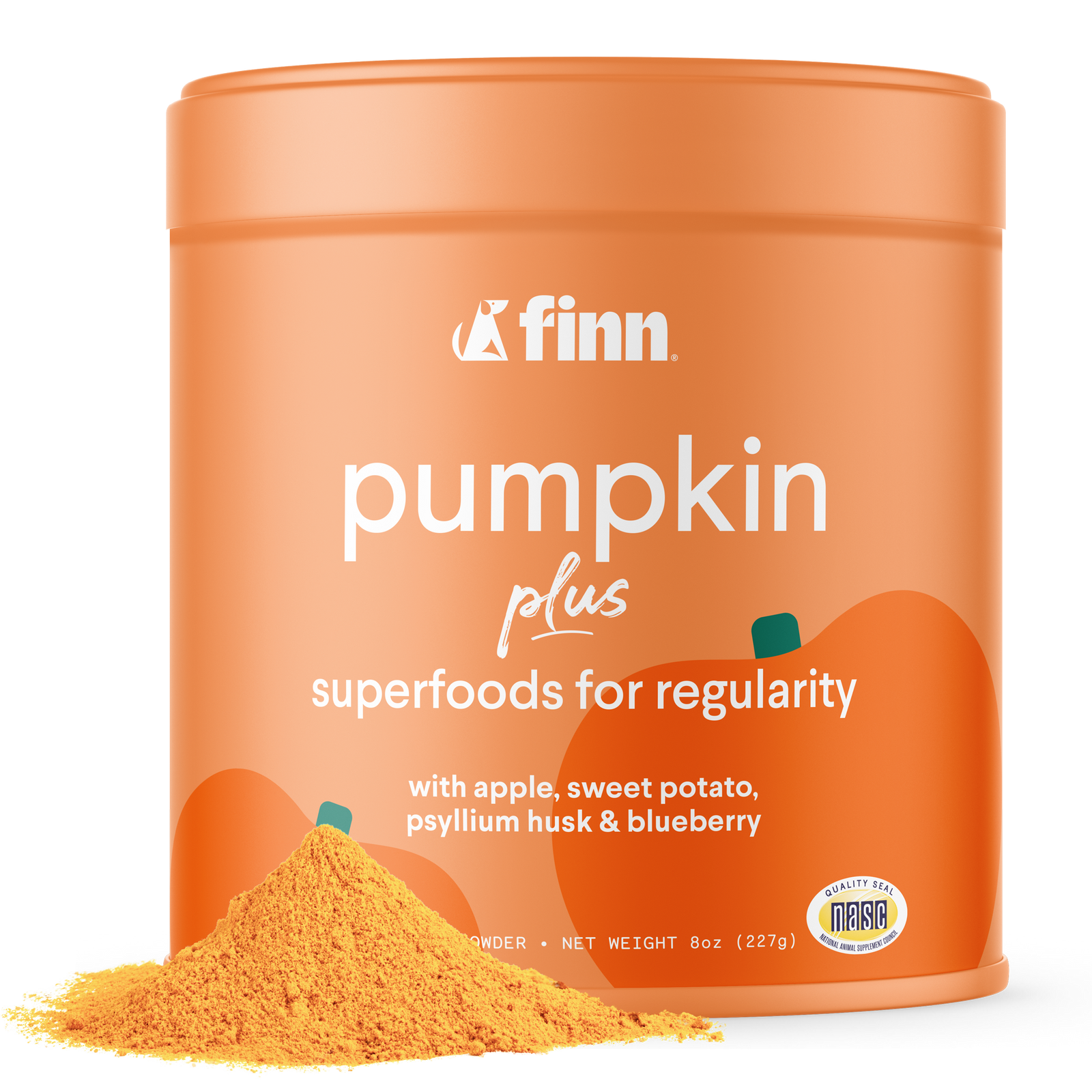 Orange cylindrical container of Finn pumpkin plus superfood powder with product spilled in front, black background