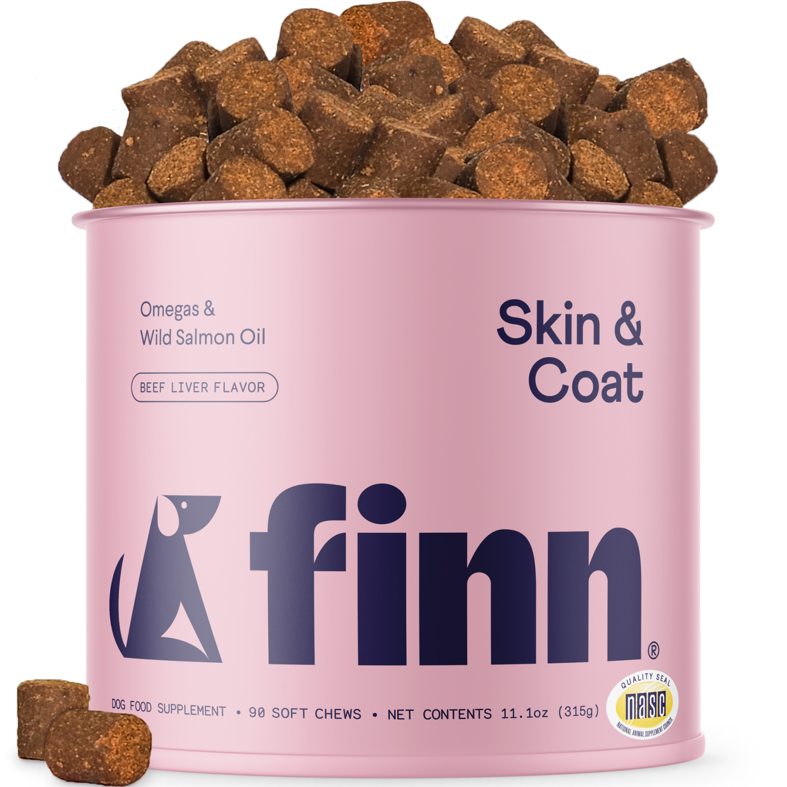 Pink canister of Finn Skin & Coat dog food with dog treats on a white background
