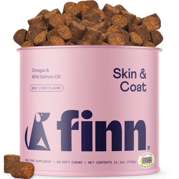 Pink canister of Finn Skin & Coat dog food with dog treats on a white background