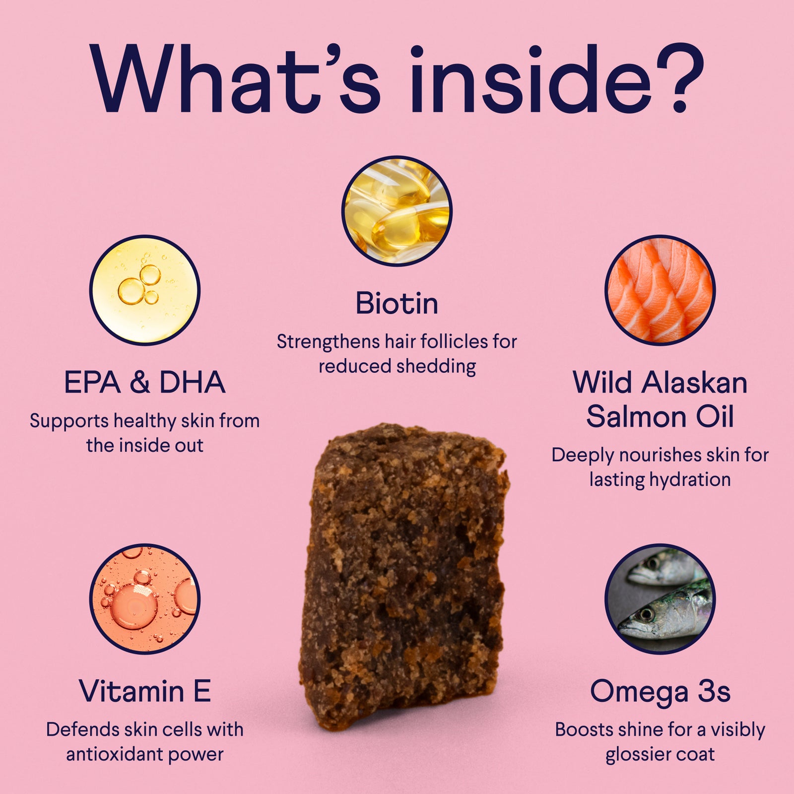 Pink infographic showing ingredients in a brown pet treat: EPA & DHA, Biotin, Wild Alaskan Salmon Oil, Vitamin E, and Omega 3s with circular ingredient images around the central treat.