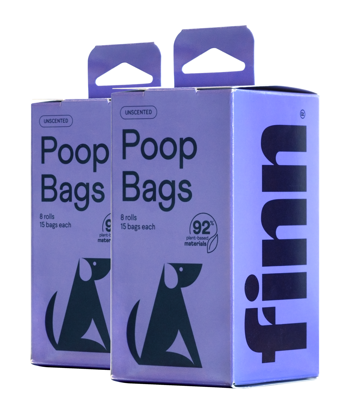 Two purple boxes of unscented poop bags, each containing 8 rolls with 15 bags, featuring green dog silhouettes and made from 92% plant-based materials.