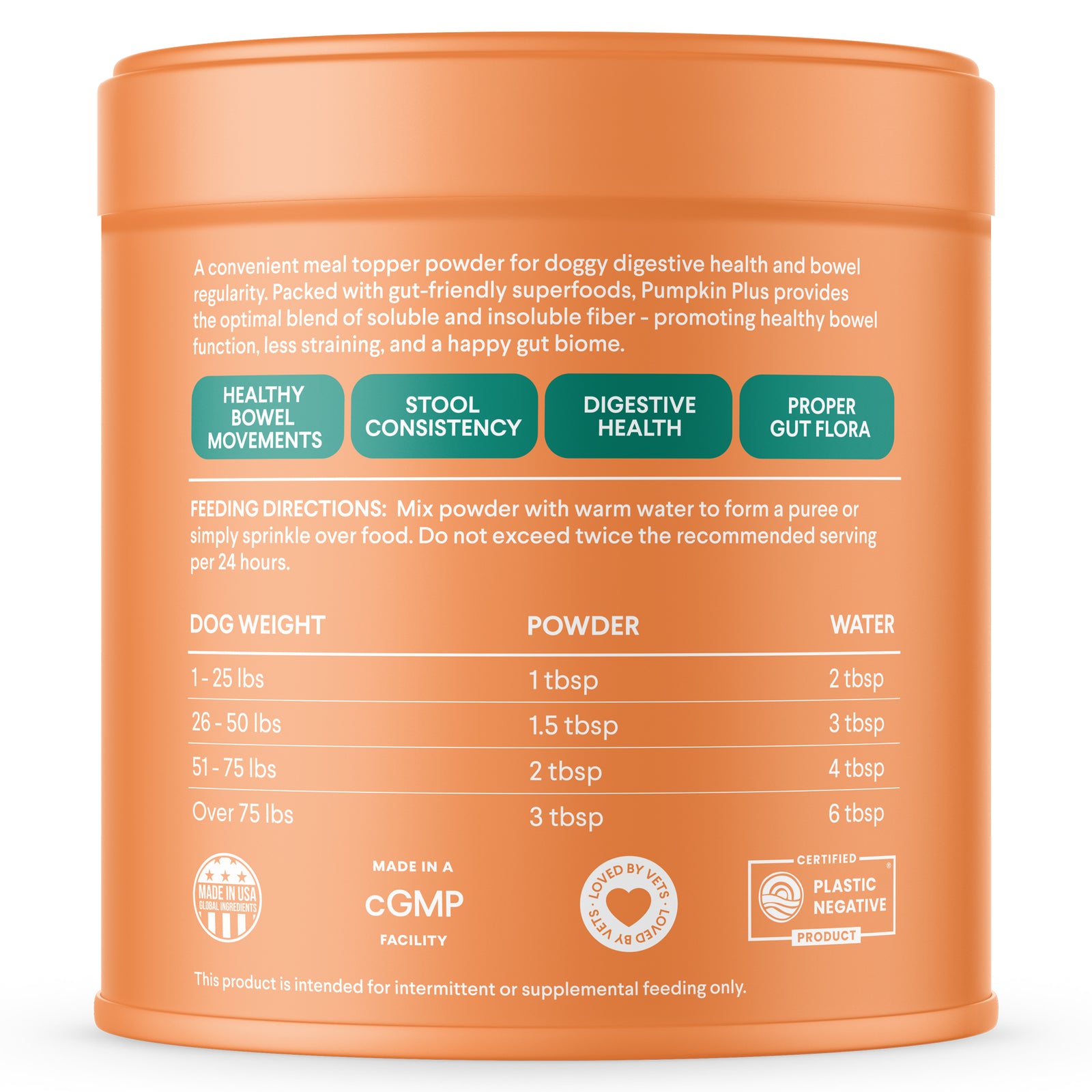 Orange cylindrical container of Pumpkin Plus dog digestive health powder supplement with feeding instructions and benefits listed on label