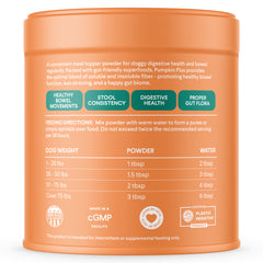 Orange cylindrical container of Pumpkin Plus dog digestive health powder supplement with feeding instructions and benefits listed on label
