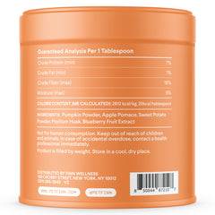 Orange cylindrical pet supplement container showing guaranteed analysis, ingredients including pumpkin powder and apple pomace, with barcode and company details on back label.