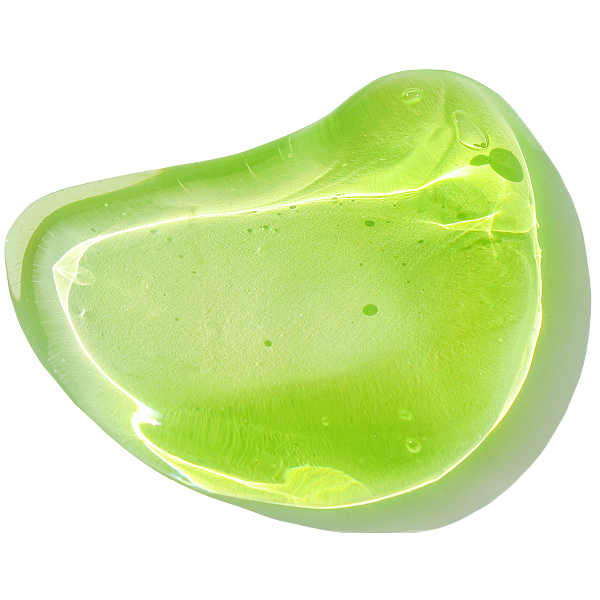 Translucent green aloe vera gel blob with smooth, jelly-like texture and small air bubbles visible inside